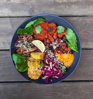 Our version of vegan burrito bowl at Mox in Moscow