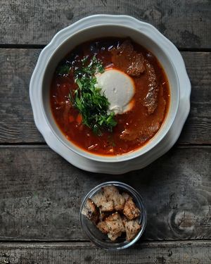 Vegan version of borsch soupe with seitan and cashew sourcream at Mox in Moscow