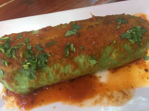 Burrito- no cheese makes it vegan
Has black or refried beans,rice, Avocado, grilled vegetables and goddess dressing.  at Casa Maya in St Augustine
