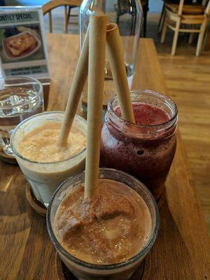 Peanut butter smoothie, chocobanana smoothie and berries smoothie at Steps in Bangkok