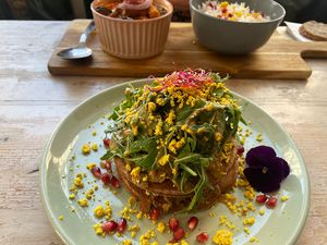Duo de pancakes with green curry in the background   at L'Abattoir Vegetal - Guisarde in Paris