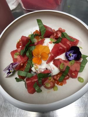 Watermelon burrata at L'Abattoir Vegetal - Guisarde in Paris