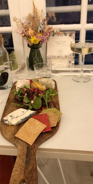 The vegan cheese plate, with cheese from the excelent Jay & Joie, with some nice light pomegranate salad—and crackers. Featured cheeses: Bleu, Camembert, persillé. GET IT!!! at L'Abattoir Vegetal - Guisarde in Paris