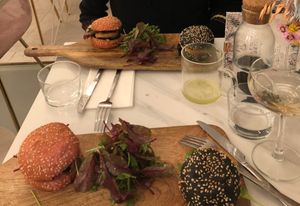 The two mini burgers, black (savory) and pink (sweet butternut notes), were so tempting we both got them. Spoiler: WE DID NOT REGRET! at L'Abattoir Vegetal - Guisarde in Paris