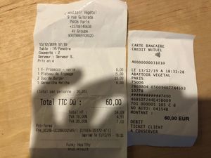 Our bill, for a cheese plate and two plates of mini-burger, with drinks. 30 EUR/person all included (we left a 3 EUR tip). at L'Abattoir Vegetal - Guisarde in Paris