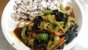 assorted vegetables with rice. very generous portion  at Tempeh Healthy Vegetarian Food in Central Singapore