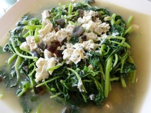 stirred fried spinach with century egg and salted egg at ThaiPan Restaurant in East Singapore