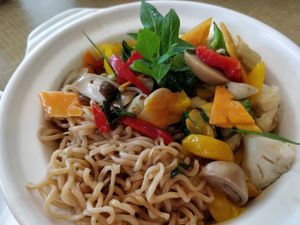 Fried noodles with mixed veg & mushrooms at ThaiPan Restaurant in East Singapore