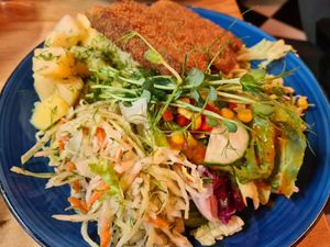 Danie dnia - ziemniaki, kotlet "schabowy" sojowy, surówki at Warzywniak in Wroclaw