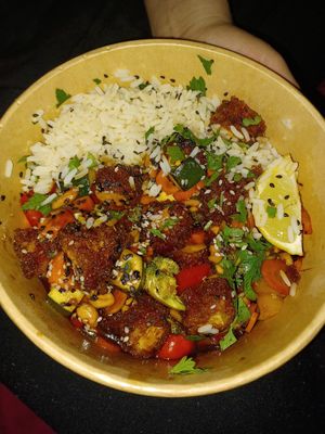Teriyaki tofu in panko with rice and veggies at Warzywniak in Wroclaw
