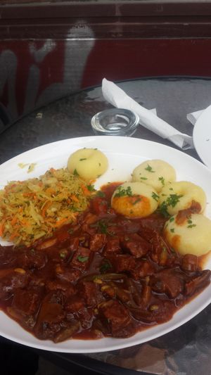 Gulasz sojowy, kluski slaskie, surowka at Warzywniak in Wroclaw