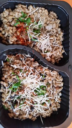 barley with mushrooms and vegan cheese at Warzywniak in Wroclaw