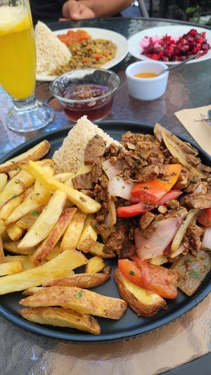Lomo Saltado with Soymeat and French fries at Omphalos in Arequipa