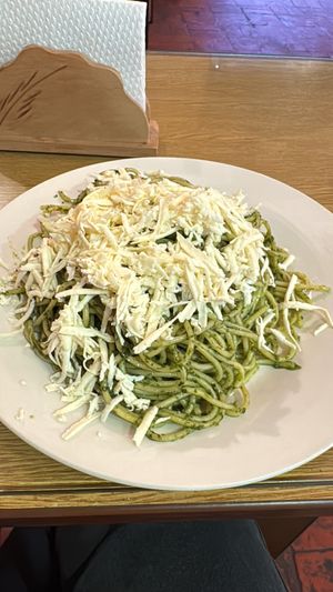 Pesto pasta (I added cheese - this isn’t vegan but they do ask if you want to add cheese or not)   at Omphalos in Arequipa