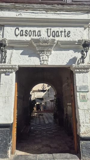 Look for this doorway from outside. Restaurant is in the patio, ground floor. at Omphalos in Arequipa