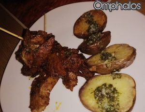 Anticuchos, traditional Peruvmadr vegan using seitán. at Omphalos in Arequipa