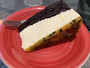 Passion fruit chocolate cake at Omphalos in Arequipa
