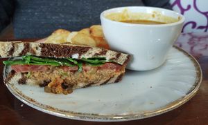 Pepper smoked lentil salad sandwich with carrot puree soup at Curiosi-Tea House in Mankato