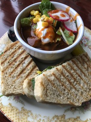 Vegan pozole rojo with a build-your-own sandwich   at Curiosi-Tea House in Mankato
