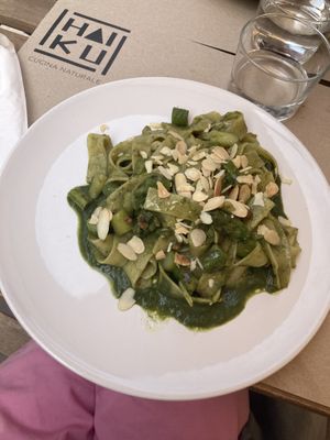 Pappardelle with asparagus and spinach and almond cream  at Haiku in Palermo
