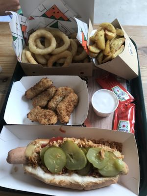 Onion rings, potato wedges, chicken-less nuggets, and a 'hot dog'! at La Trocadero in Barcelona