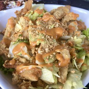 Fried “chicken” salad with peanut sauce at Pineapple Village in Gilroy