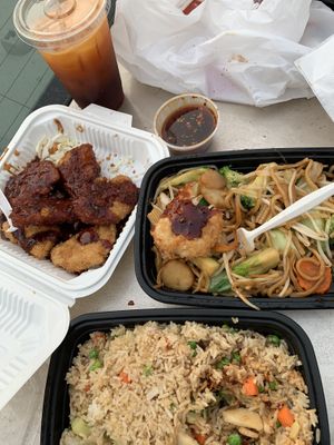Thai Tea w. Almond Milk, Volcano “Chicken”, Veggie Chowmein & Veggie Fried Rice. at Pineapple Village in Gilroy