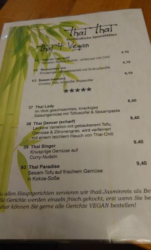Vegane Speisekarte at Thai Thai in Koblenz