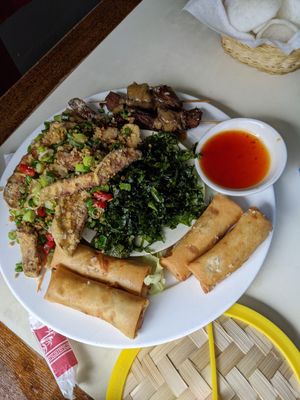 Veggie spring rolls, salt n pep aubergine, chicken satay, seaweed & sweet n sour sauce at Saigon68 in Sheffield