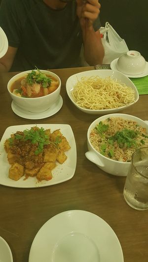 Chilli tofu, crunchy veg noodle, special fried rice. at Hoan Hy in Nha Trang