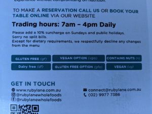 Opening hours at Ruby Lane Wholefoods in Manly