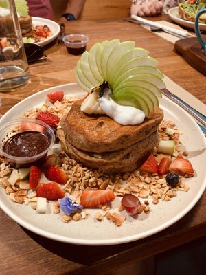 The pancake stack ... some serious yum on that plate! 🌱 at Ruby Lane Wholefoods in Manly