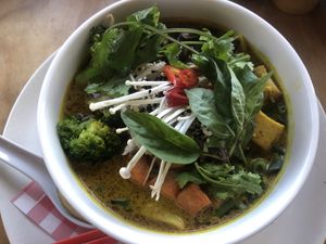 Vegan Laksa with tofu, sweet potato, broccoli, mushroom, coriander, mildly spicy from the new winter menu. Very delightful!!  at Ruby Lane Wholefoods in Manly