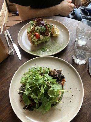 The manly daily on top and sweet potato fritters under the salad at Ruby Lane Wholefoods in Manly