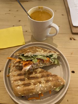 Cauliflower-bell pepper soup, kebap panini  at Mie Vie in Ghent