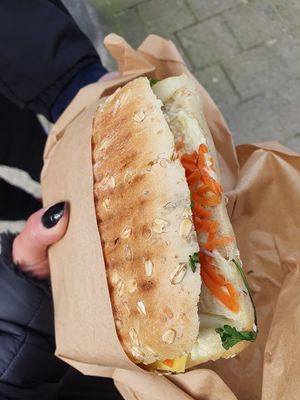 Cheeeeeez and pear 🍐 (!) sandwich, simply amazing and different! Got also a cappuccino and a banana choc muffin but they've already eaten before pics lol at Mie Vie in Ghent