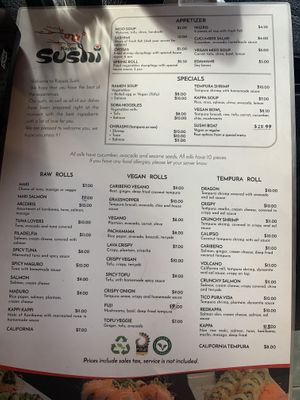 The menu  at Kappa Sushi in La Fortuna