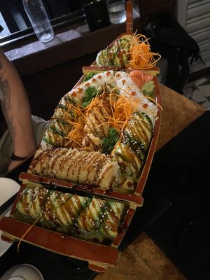 Sushi boat (spicy tofu roll, grasshopper roll, crispy tofu roll)   at Kappa Sushi in La Fortuna