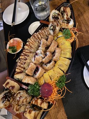 Sushi boat (vegano roll, fuji roll, crispy vegano roll, Caribbean roll)   at Kappa Sushi in La Fortuna