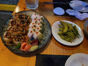 Fuji rolls (left) , Spicy Tofu (right) at Kappa Sushi in La Fortuna