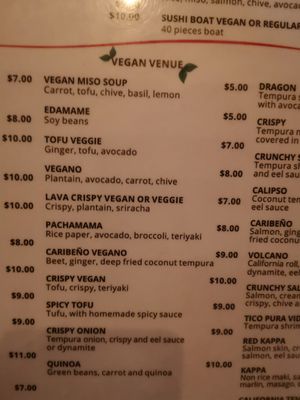 Vegan menu part at Kappa Sushi in La Fortuna