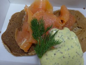 Buckwheat pancakes, smoked salmon & dill honey & mustard sour cream  at Riverside Cafe in Leicester