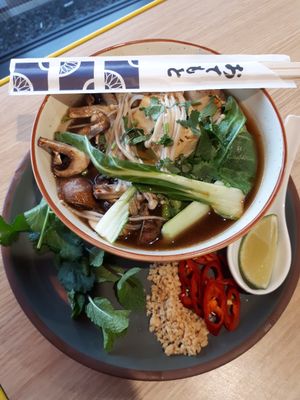 Pho A vietnamese aromatic rice noodle broth with Tofu, Mushroom & Pak Choi at Riverside Cafe in Leicester