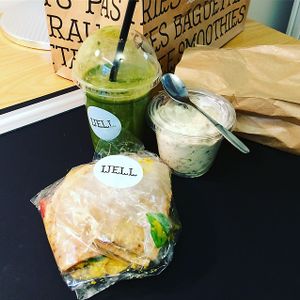 Smoothie, pita and overnight oats. at Well  in Helsinki