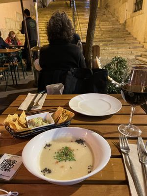 Housemade guacamole, cauliflower soup, organic red wine (dry) at Organi Chiado in Lisbon
