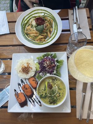 lentil curry and penne   at Organi Chiado in Lisbon