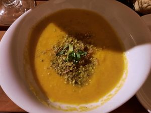 Soup of the day, carrot and pistachio at Organi Chiado in Lisbon