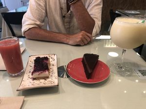 Daily juice, no cheesecake, chococream, natural piña colada  at Organi Chiado in Lisbon