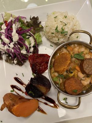 Bean stew with rice, sweet potato and salad.  at Organi Chiado in Lisbon