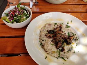 Mushroom risotto with salad included at Organi Chiado in Lisbon